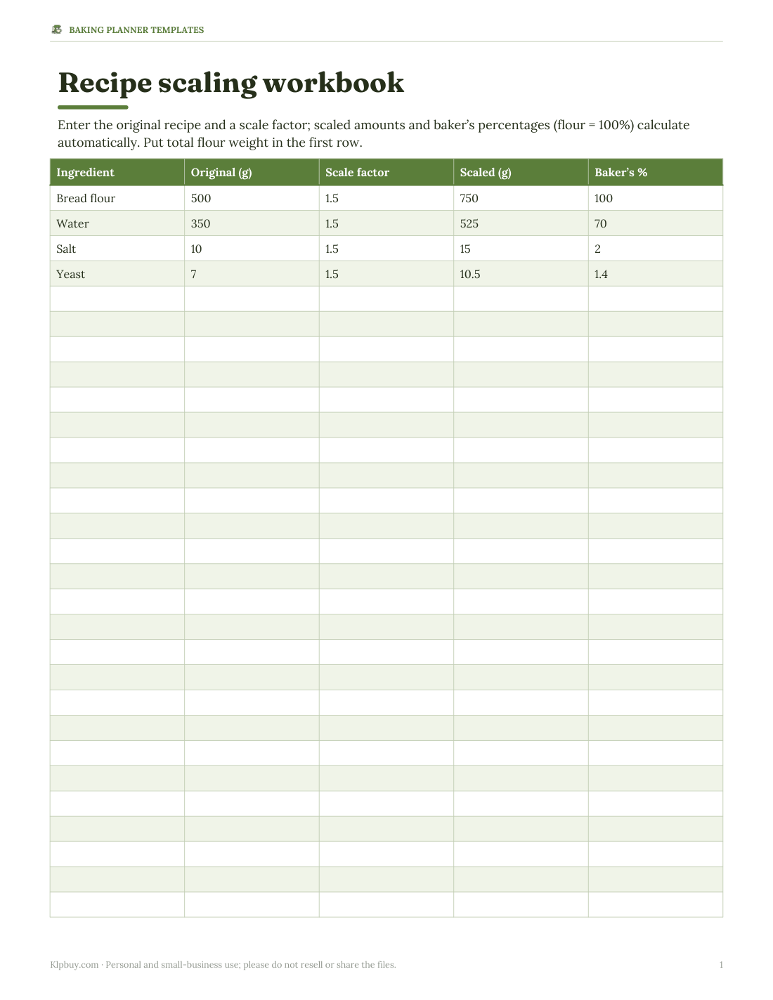 Preview of the first page of Recipe scaler (XLSX)
