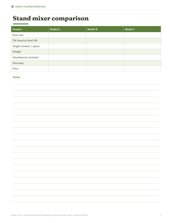 Preview of Printable Stand Mixer Comparison Chart